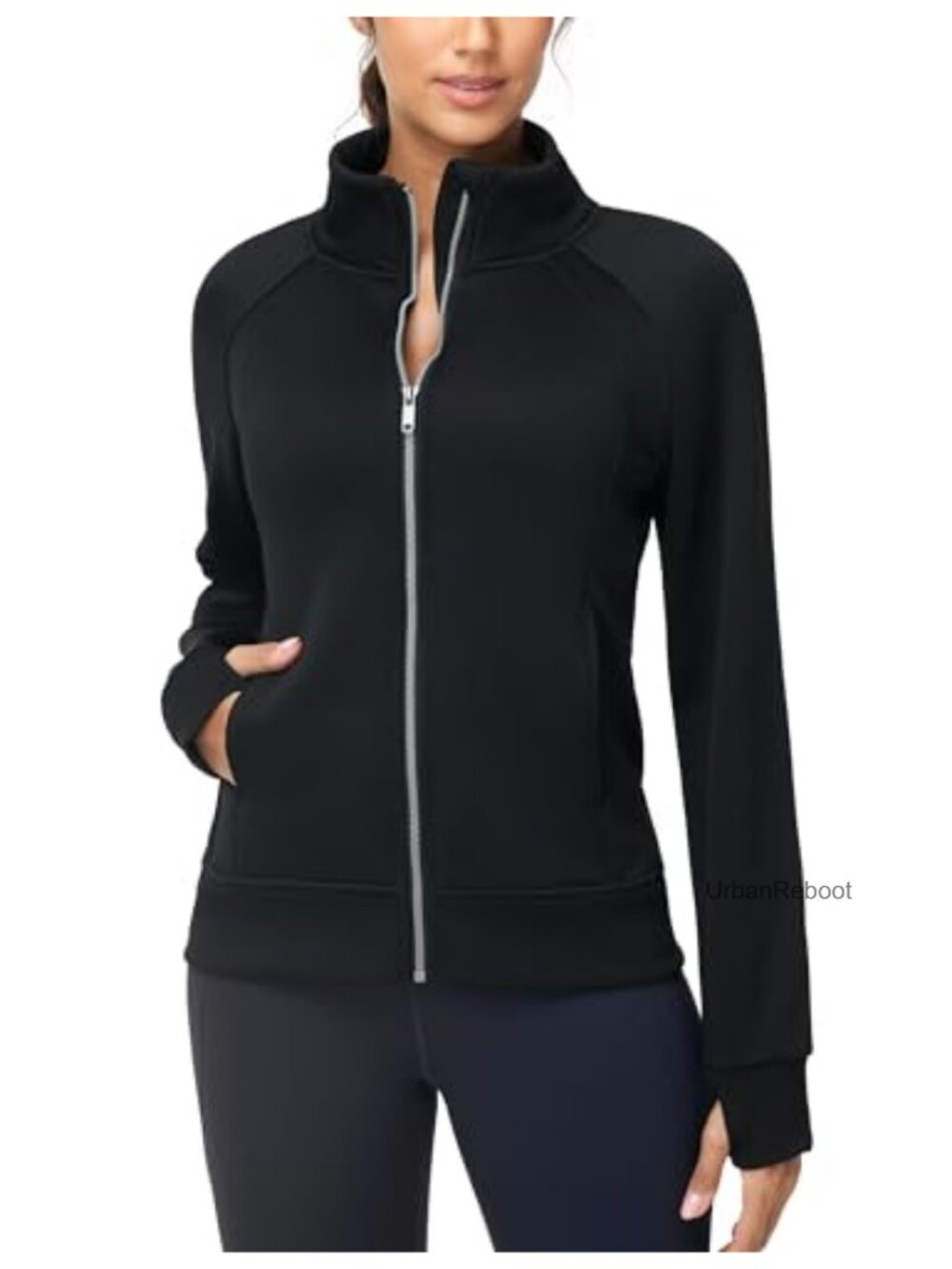 Women's Full Zip Fleece Sweatshirt Jacket with Stand Collar Thumb Holes